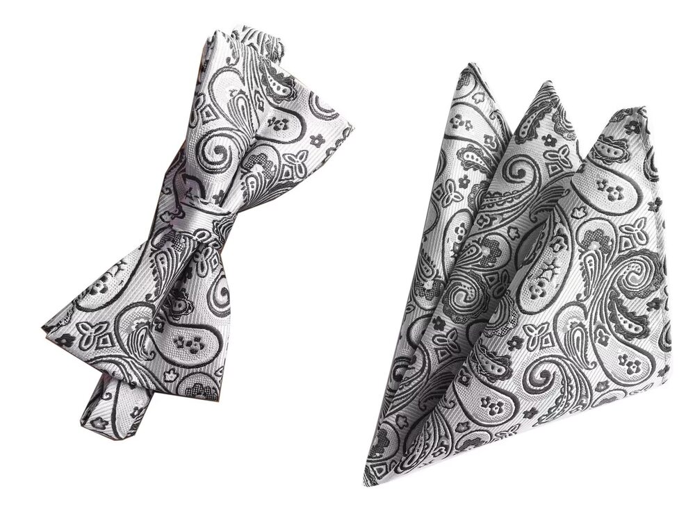 2906 Silver Grey Silk Bow Ties Handkerchief Set for Party Fancy BF Dad Son